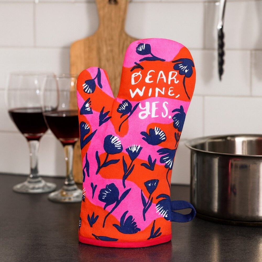 Funny Oven Mitt "Dear Wine, Yes" Floral Quilted Glove Kitchen Gift